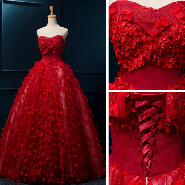 Chinese style Red Wedding Dresses 2019 A-Line / Princess Strapless Appliques Lace Flower Beading Pearl Sleeveless Backless Floor-Length / Long