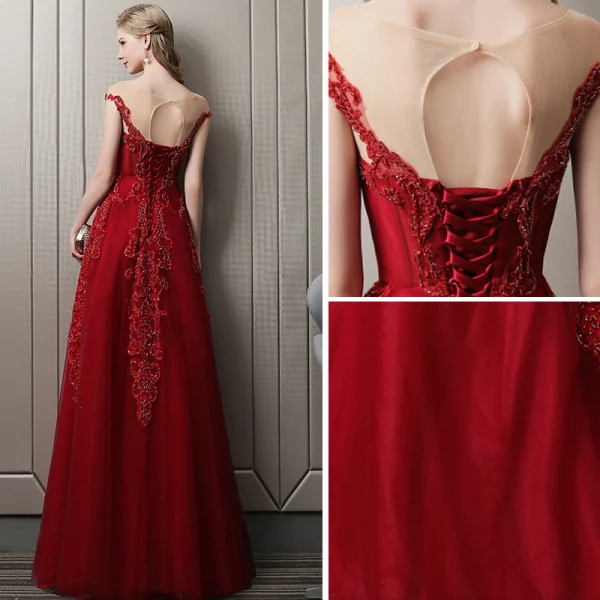Luxury / Gorgeous Burgundy Evening Dresses  2018 A-Line / Princess Crystal Beading Lace Flower Scoop Neck Backless Cap Sleeves Floor-Length / Long Formal Dresses