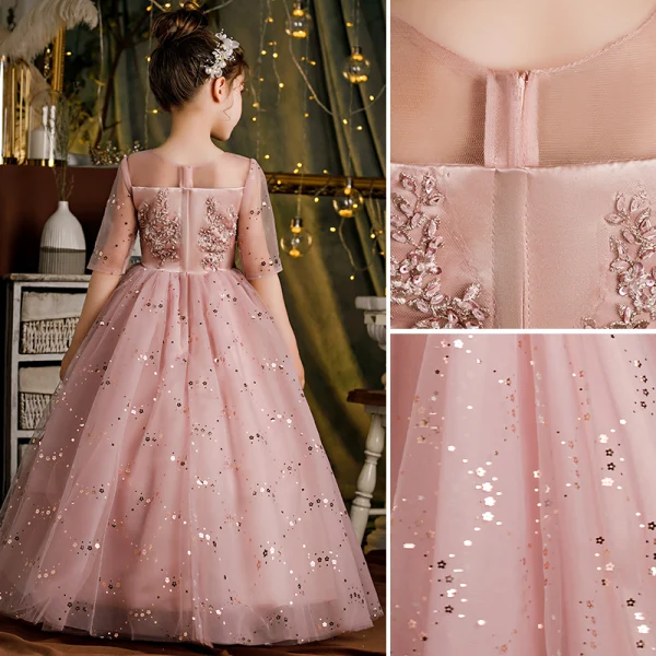 Chic / Beautiful Blushing Pink Bridal Short Flower Girl Dresses 2021 Ball Gown Scoop Neck Beading Crystal Sequins Lace Flower Short Sleeve Wedding Party Dresses