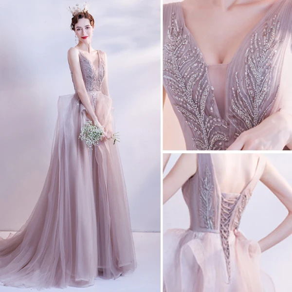 Charmant Perle Rose Robe De Bal 2021 Princesse Col v profond Perlage Paillettes Sans Manches Dos Nu Train De Balayage Robe De Ceremonie