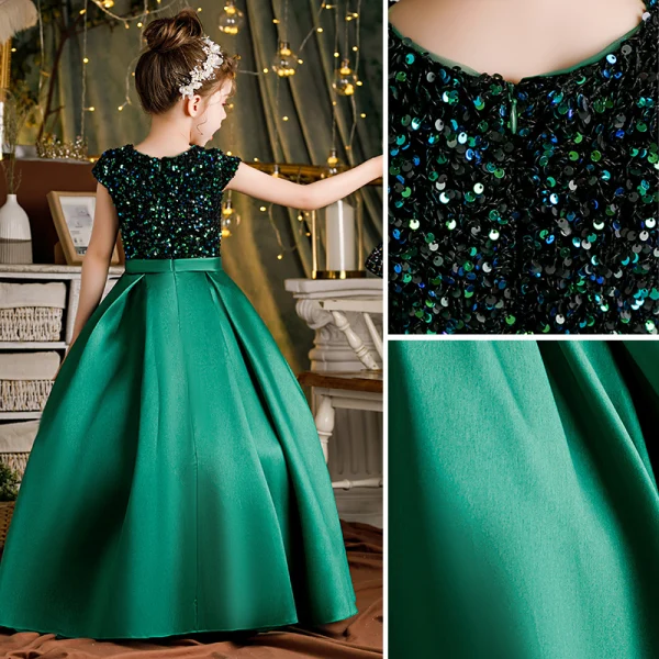 Chic / Beautiful Dark Green Sash Sequins Birthday Flower Girl Dresses Ball Gown 2021 Satin Scoop Neck Short Sleeve Floor-Length / Long