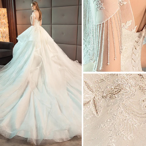 Charming Ivory Wedding Dresses 2019 Ball Gown Scoop Neck Lace Flower Beading Tassel Short Sleeve Backless Cascading Ruffles Cathedral Train Wedding