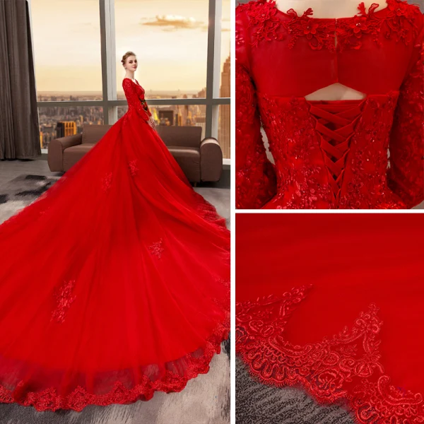 Chinesischer Stil Muslimisches Rot Brautkleider / Hochzeitskleider 2019 A Linie V-Ausschnitt Spitze Blumen Kristall Pailletten Lange Ärmel Königliche Schleppe