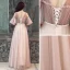 Elegant Pearl Pink Evening Dresses  2019 A-Line / Princess Scoop Neck Ruffle Sash Short Sleeve Backless Floor-Length / Long Formal Dresses