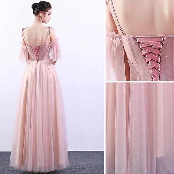 Elegant Candy Pink Prom Dresses 2019 A-Line / Princess Spaghetti Straps Lace Flower Pearl Short Sleeve Backless Floor-Length / Long Formal Dresses