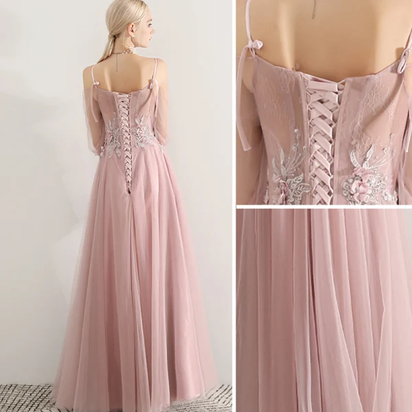 Elegant Blushing Pink Prom Dresses 2019 A-Line / Princess Spaghetti Straps Appliques Lace Flower Beading 3/4 Sleeve Backless Floor-Length / Long Formal Dresses