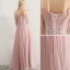 Elegant Blushing Pink Prom Dresses 2019 A-Line / Princess Spaghetti Straps Appliques Lace Flower Beading 3/4 Sleeve Backless Floor-Length / Long Formal Dresses