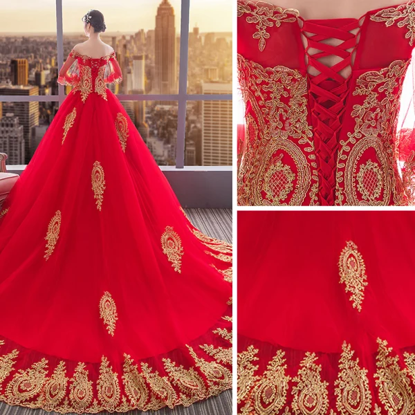 Chinese style Red Wedding Dresses 2019 Ball Gown Off-The-Shoulder Gold Lace Flower 1/2 Sleeves Backless Cathedral Train