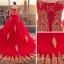 Chinese style Red Wedding Dresses 2019 Ball Gown Off-The-Shoulder Gold Lace Flower 1/2 Sleeves Backless Cathedral Train