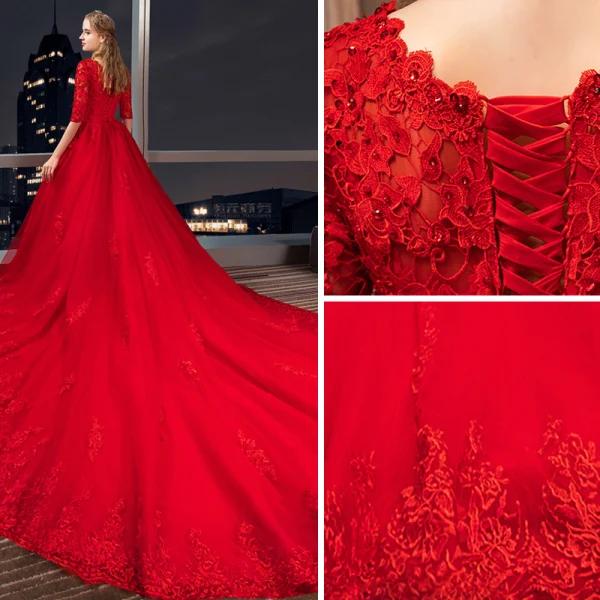 Chic / Belle Rouge Robe De Mariée 2019 Princesse Encolure Dégagée Perlage Cristal En Dentelle Fleur 1/2 Manches Royal Train
