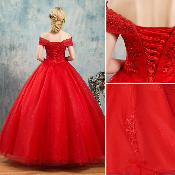 Elegant Red Wedding Dresses 2019 Ball Gown Off-The-Shoulder Beading Crystal Flower Lace Short Sleeve Backless Floor-Length / Long