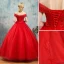 Elegant Red Wedding Dresses 2019 Ball Gown Off-The-Shoulder Beading Crystal Flower Lace Short Sleeve Backless Floor-Length / Long