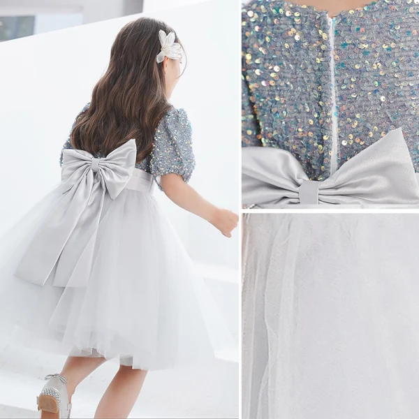 Fashion Grey Sequins Short Birthday Bow Flower Girl Dresses 2021 A-Line / Princess Scoop Neck Short Sleeve