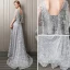 Elegante Silber Star Abendkleider 2018 A Linie Spitze Kristall Perlenstickerei V-Ausschnitt Rückenfreies 1/2 Ärmel Sweep / Pinsel Zug Festliche Kleider