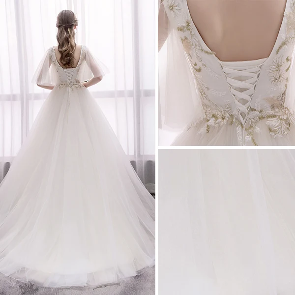 Élégant Ivoire Robe De Mariée 2019 Princesse V-Cou En Dentelle Fleur Manches Courtes Dos Nu Tribunal Train