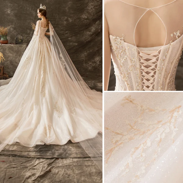 Luxury / Gorgeous Champagne Wedding Dresses 2019 A-Line / Princess Scoop Neck Beading Crystal Lace Flower Sequins Sleeveless Backless Watteau Train Royal Train