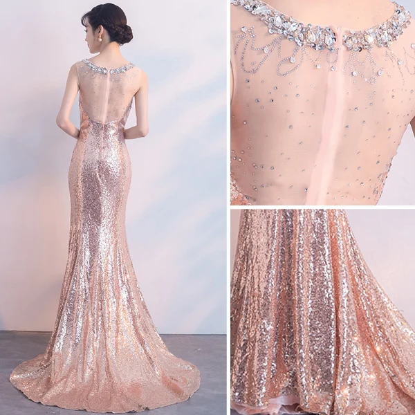 Sparkly Pearl Pink Evening Dresses 2019 Trumpet / Mermaid Scoop Neck Sleeveless Sequins Crystal Rhinestone Sweep Train Formal Dresses