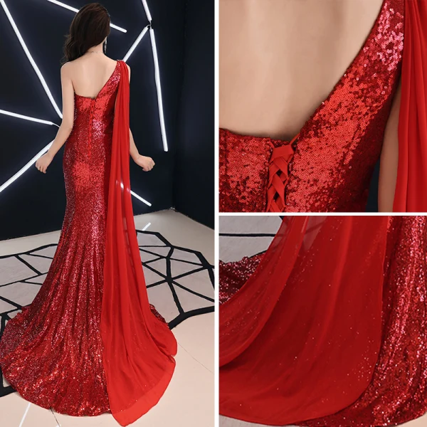 Sexy Rot Abendkleider 2019 Meerjungfrau One-Shoulder Pailletten Strass Kristall Ärmellos Rückenfreies Sweep / Pinsel Zug Festliche Kleider