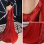Sexy Rot Abendkleider 2019 Meerjungfrau One-Shoulder Pailletten Strass Kristall Ärmellos Rückenfreies Sweep / Pinsel Zug Festliche Kleider