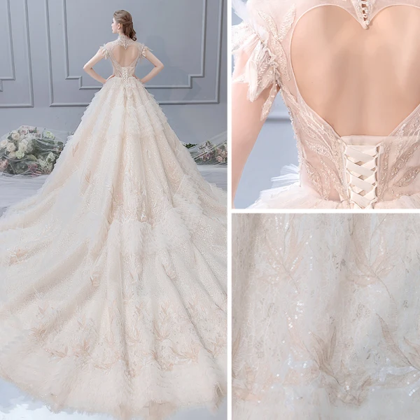 Luxury / Gorgeous Champagne Wedding Dresses 2019 A-Line / Princess High Neck Beading Crystal Pearl Sequins Short Sleeve Backless Royal Train