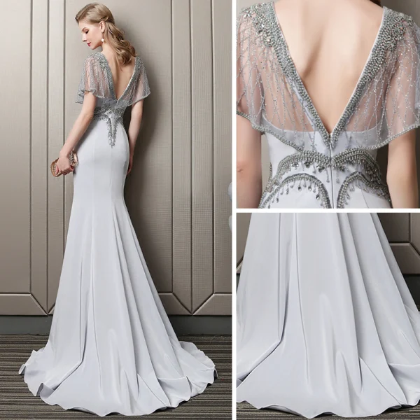 Sexy Silver Evening Dresses  2018 Trumpet / Mermaid Crystal Rhinestone Beading Pearl Sequins V-Neck Backless Short Sleeve Sweep Train Formal Dresses