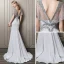 Sexy Silver Evening Dresses  2018 Trumpet / Mermaid Crystal Rhinestone Beading Pearl Sequins V-Neck Backless Short Sleeve Sweep Train Formal Dresses