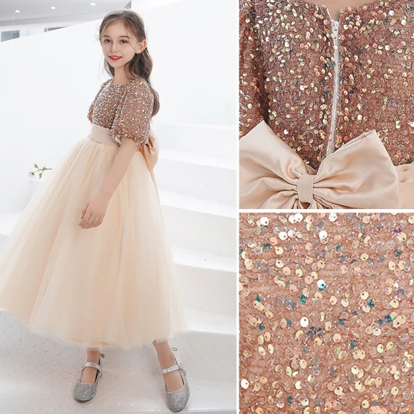 Fashion Gold Sequins Short Birthday Flower Girl Dresses 2021 A-Line / Princess Scoop Neck Bow Sash Short Sleeve