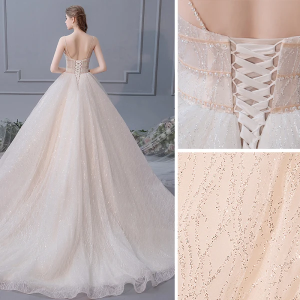 Élégant Champagne Robe De Mariée 2019 Robe Boule Bretelles Spaghetti Sans Manches Dos Nu Cathedral Train