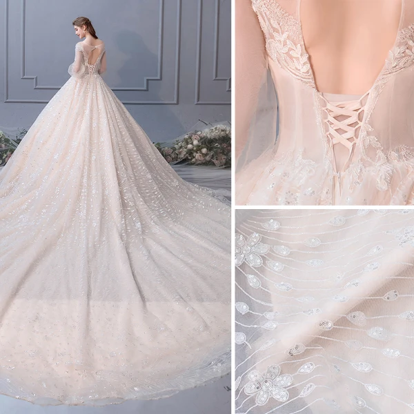 Luxe Champagne Robe De Mariée 2019 Robe Boule Encolure Dégagée Paillettes En Dentelle Fleur 3/4 Manches Dos Nu Royal Train