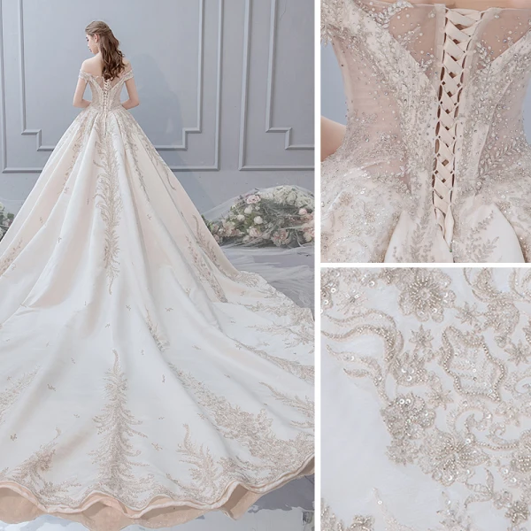 Luxe Champagne Robe De Mariée 2019 Robe Boule De l'épaule Perlage Paillettes En Dentelle Fleur Manches Courtes Dos Nu Royal Train