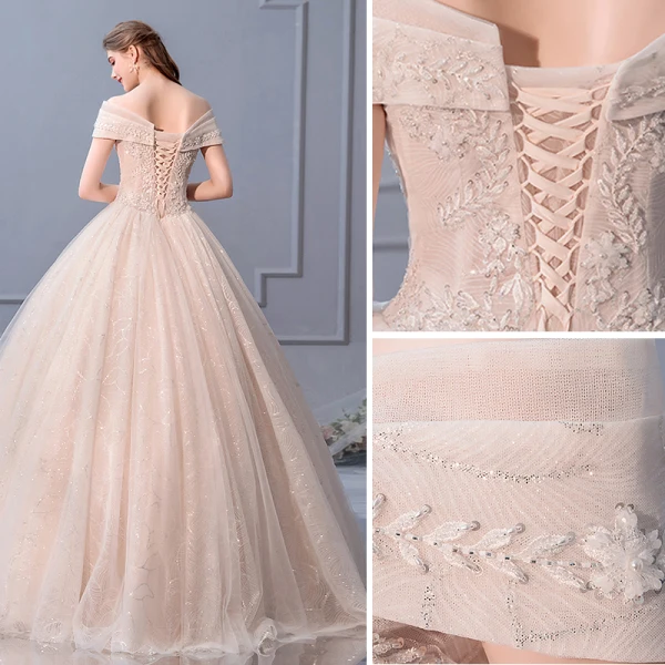Elegant Champagne Wedding Dresses 2019 Ball Gown Off-The-Shoulder Beading Pearl Sequins Appliques Lace Flower Short Sleeve Backless Floor-Length / Long