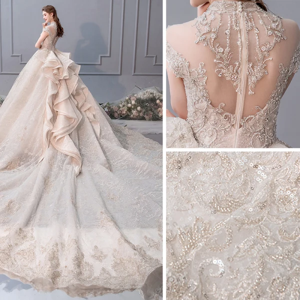 Luxury / Gorgeous Champagne Wedding Dresses 2019 Ball Gown Scoop Neck Beading Pearl Sequins Lace Flower Cap Sleeves Backless Royal Train Cascading Ruffles