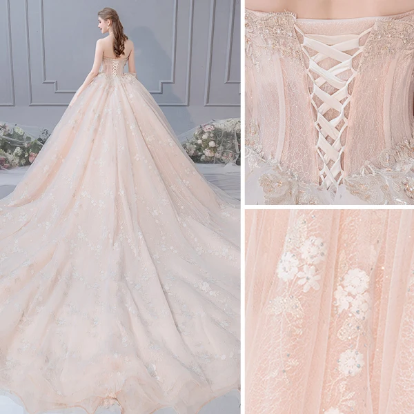 Luxury / Gorgeous Champagne Wedding Dresses 2019 Ball Gown Strapless Rhinestone Pearl Lace Flower Sequins Sleeveless Backless Royal Train