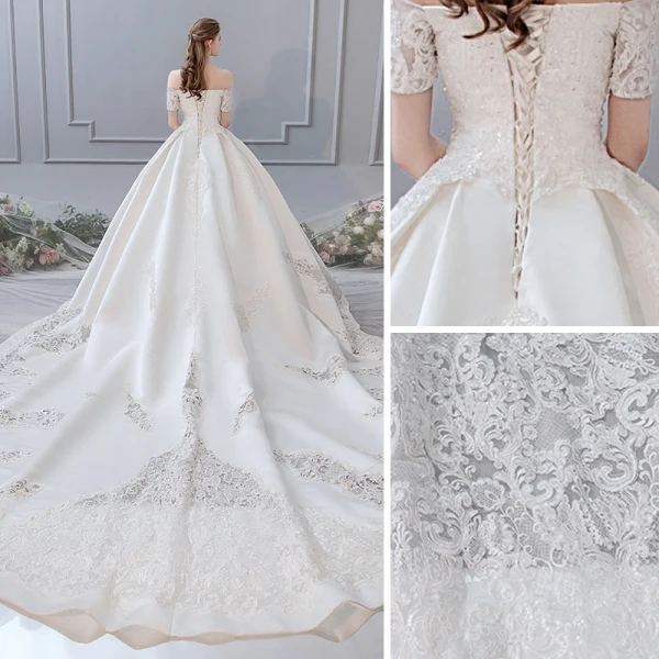Luxury / Gorgeous Ivory Pierced Wedding Dresses 2019 A-Line / Princess Off-The-Shoulder Beading Sequins Lace Flower Short Sleeve Backless Royal Train