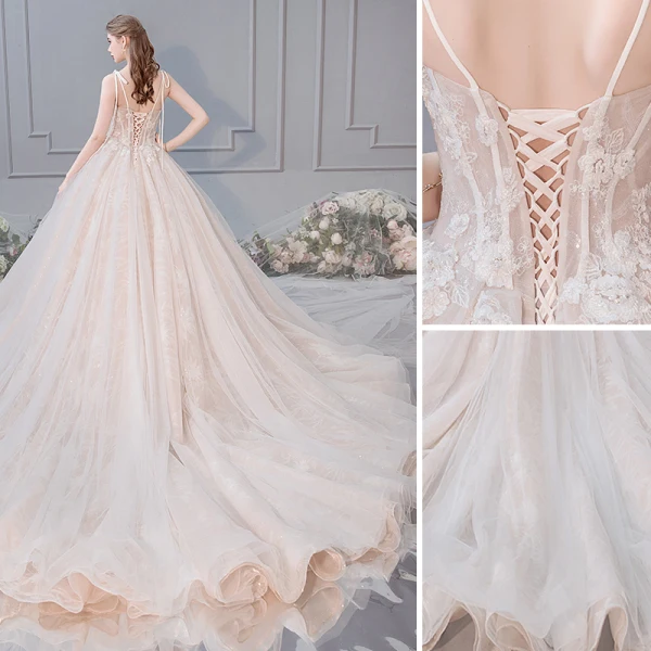 Elegant Champagne Wedding Dresses 2019 Ball Gown Spaghetti Straps Bow Beading Rhinestone Pearl Lace Flower Appliques Sleeveless Backless Royal Train