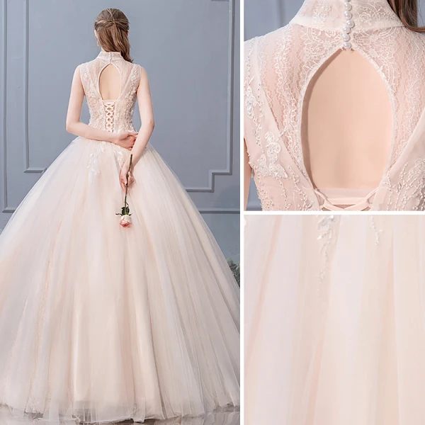 Chic / Beautiful Champagne Wedding Dresses 2019 Ball Gown High Neck Beading Sequins Lace Flower Sleeveless Backless Pearl Floor-Length / Long