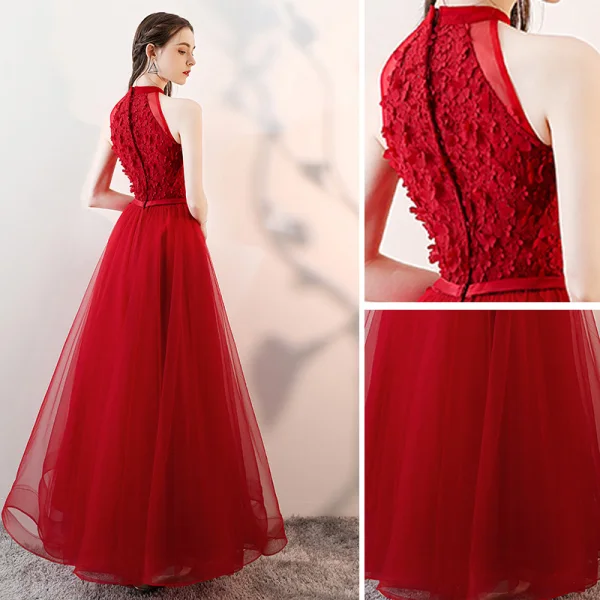 Chic / Beautiful Red Prom Dresses 2018 A-Line / Princess Appliques Lace Bow Scoop Neck Sleeveless Ankle Length Formal Dresses