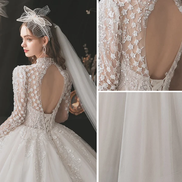 Chinese style Vintage / Retro Ivory Beading Wedding Dresses 2021 Ball Gown High Neck Pearl Sequins Long Sleeve Backless Royal Train Wedding