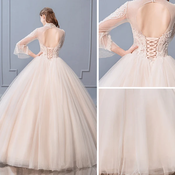 Elegante Champagner Brautkleider / Hochzeitskleider 2019 Ballkleid Stehkragen Perlenstickerei Pailletten Spitze Blumen Lange Ärmel Rückenfreies Lange