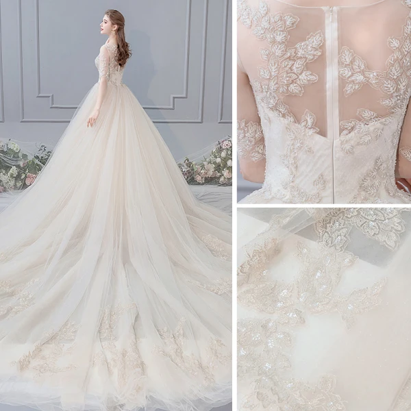 Chic / Belle Champagne Robe De Mariée 2019 Princesse Encolure Dégagée Perlage En Dentelle Fleur 1/2 Manches Cathedral Train