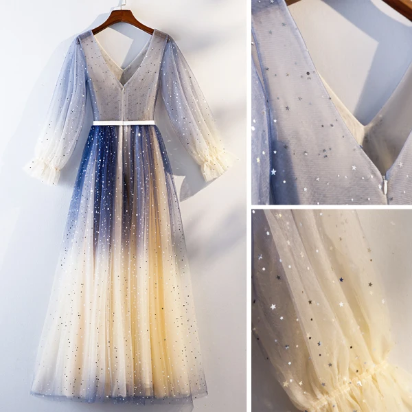 Chic / Belle Bleu Marine Dégradé De Couleur Robe De Soirée 2019 Princesse V-Cou Perlage Cristal Étoile Paillettes Ceinture Manches Longues Longue Robe De Ceremonie