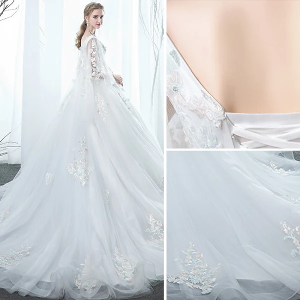 Modern / Fashion White Pregnant Wedding Dresses 2019 Empire V-Neck Lace Flower Rhinestone Sleeveless Backless Chapel Train
