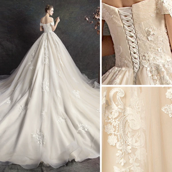 Chic / Belle Champagne Robe De Mariée 2019 Princesse De l'épaule Perle Appliques En Dentelle Fleur Manches Courtes Dos Nu Cathedral Train