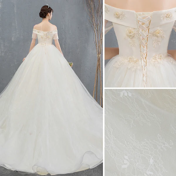 Elegant Champagne Wedding Dresses 2019 Ball Gown Off-The-Shoulder Appliques Lace Flower Short Sleeve Backless Chapel Train
