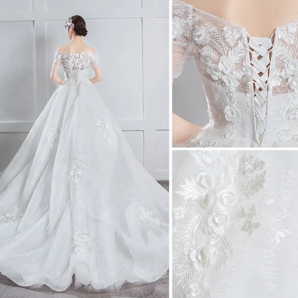 Elegant Ivory Pregnant Wedding Dresses 2019 Empire Off-The-Shoulder Sequins Appliques Lace Flower Short Sleeve Chapel Train