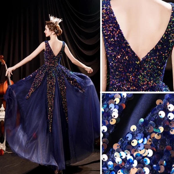Scintillantes Bleu Marine Multi-Couleurs Paillettes Robe De Bal 2021 Princesse V-Cou Sans Manches Dos Nu Longue Robe De Ceremonie
