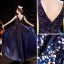 Scintillantes Bleu Marine Multi-Couleurs Paillettes Robe De Bal 2021 Princesse V-Cou Sans Manches Dos Nu Longue Robe De Ceremonie