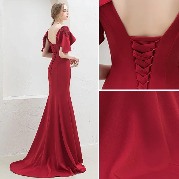 Chic / Belle Couleur Unie Bordeaux Robe De Soirée Trompette / Sirène 2019 V-Cou Dos Nu Perlage Cristal 1/2 Manches Train De Balayage Robe De Ceremonie