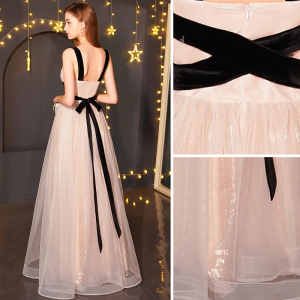 Modern / Fashion Champagne Evening Dresses  2019 A-Line / Princess V-Neck Bow Sleeveless Backless Floor-Length / Long Formal Dresses