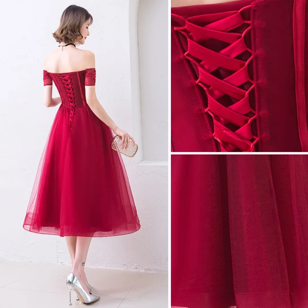 Chic / Beautiful Burgundy Evening Dresses 2019 A-Line / Princess Off-The-Shoulder Beading Crystal Lace Flower Short Sleeve Backless Tea-length Formal Dresses